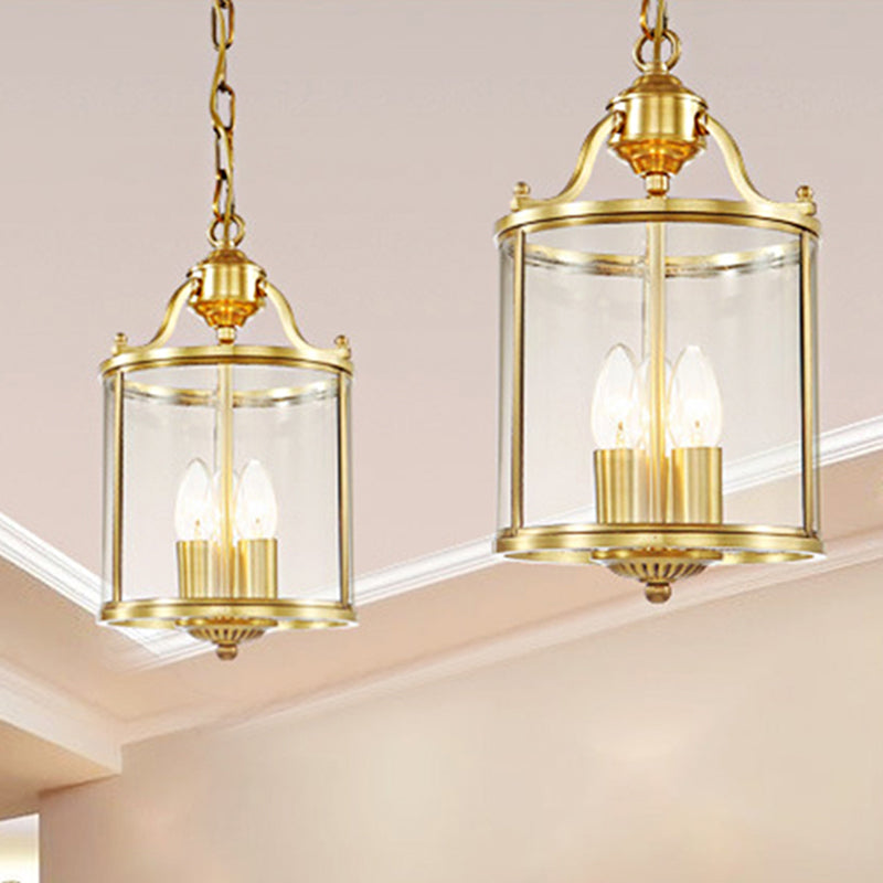 Minimalist Clear Glass Brass Cylinder Chandelier - Hanging Ceiling Light With 3 Bulbs 8/12 Wide