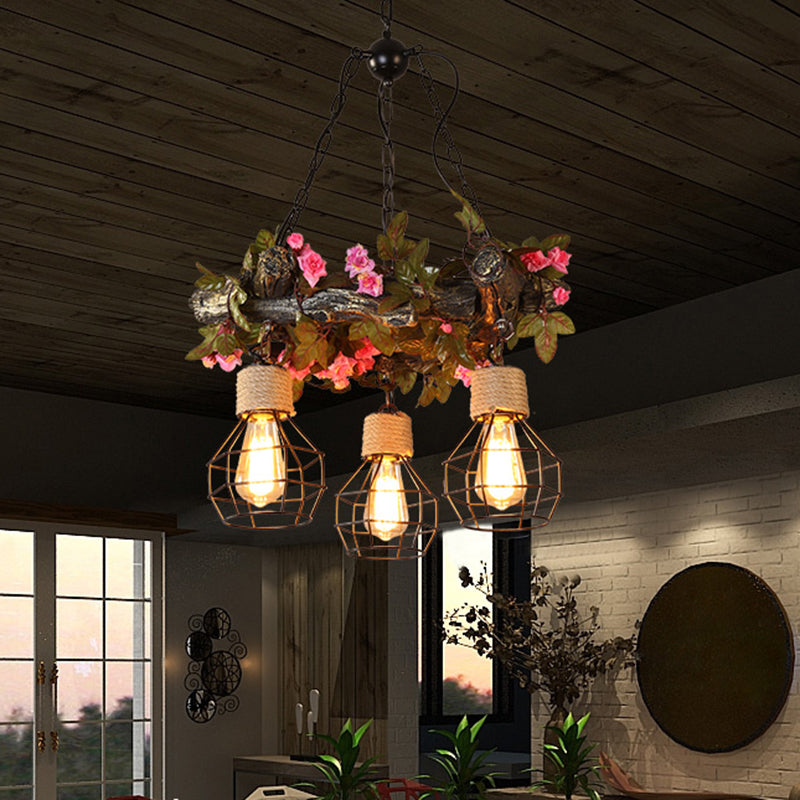 Industrial Bulb Ceiling Chandelier: 3 Metal LED Hanging Lights in Red/Pink/Green with Flower/Plant/Maple Leaf Design