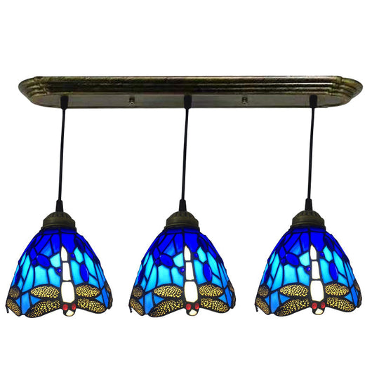 Dragonfly Pattern Cut Glass Pendant Lamp with 3 Bulbs - Mediterranean Style