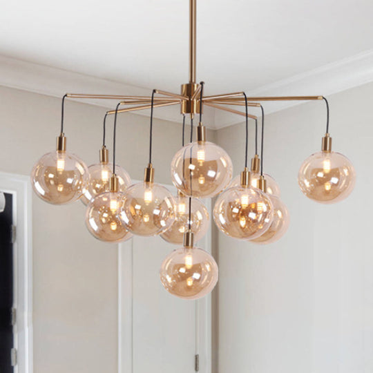 Modern Starburst Chandelier Light With Clear/Amber Glass Globes - 11 Lights For Living Room