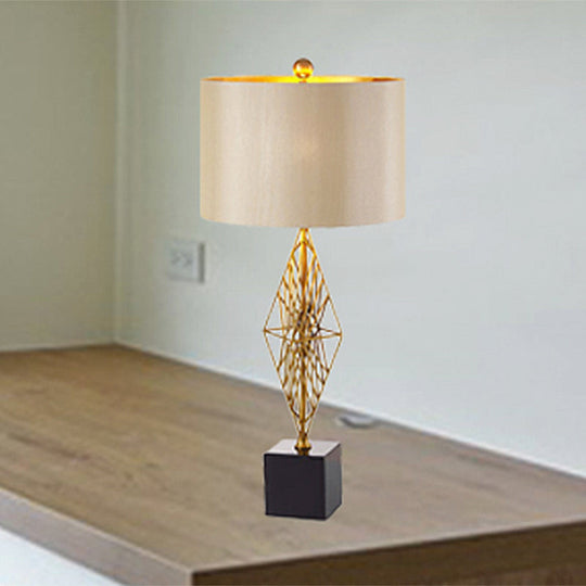 Geometric Base Gold Drum Study Light: Traditional Fabric Task Lighting For Bedroom