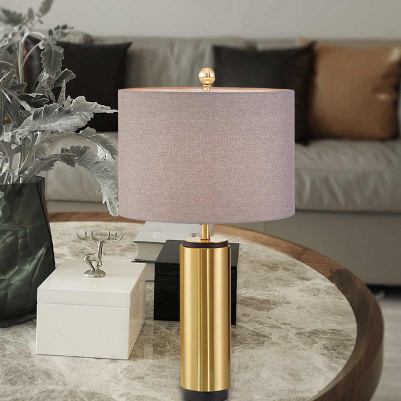 Grey Fabric Table Lamp: Traditional Drum Shape 1-Light Cylinder Base - Ideal For Bedroom Reading