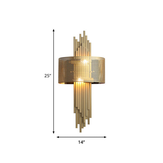 Modern 2-Head Gold Wall Sconce Lamp With Mesh Drum Shade