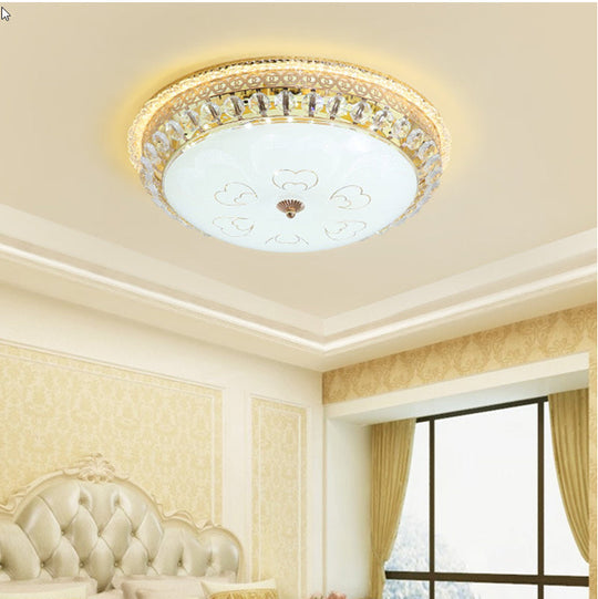 Modern Gold Flush Mount Ceiling Light With Opal Glass Led And Crystal Accent - 16/19.5 W Round For