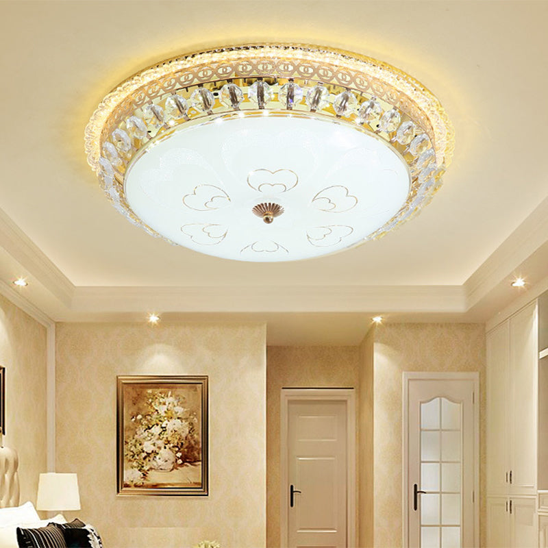 Modern Gold Flush Mount Ceiling Light With Opal Glass Led And Crystal Accent - 16/19.5 W Round For