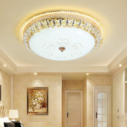 Modern Gold Flush Mount Ceiling Light With Opal Glass Led And Crystal Accent - 16/19.5 W Round For