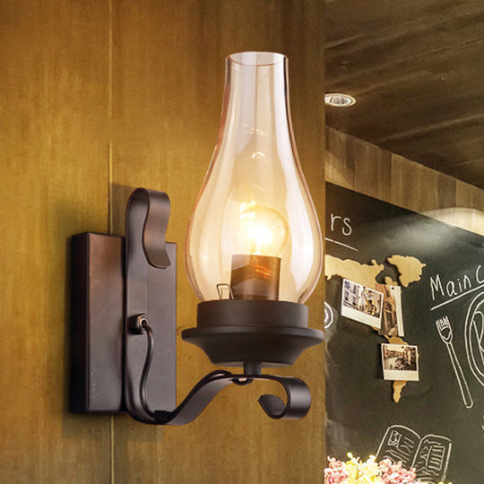 Vintage Style Matte Black Amber Glass Wall Sconce - Single Light Kerosene Living Room Lamp With