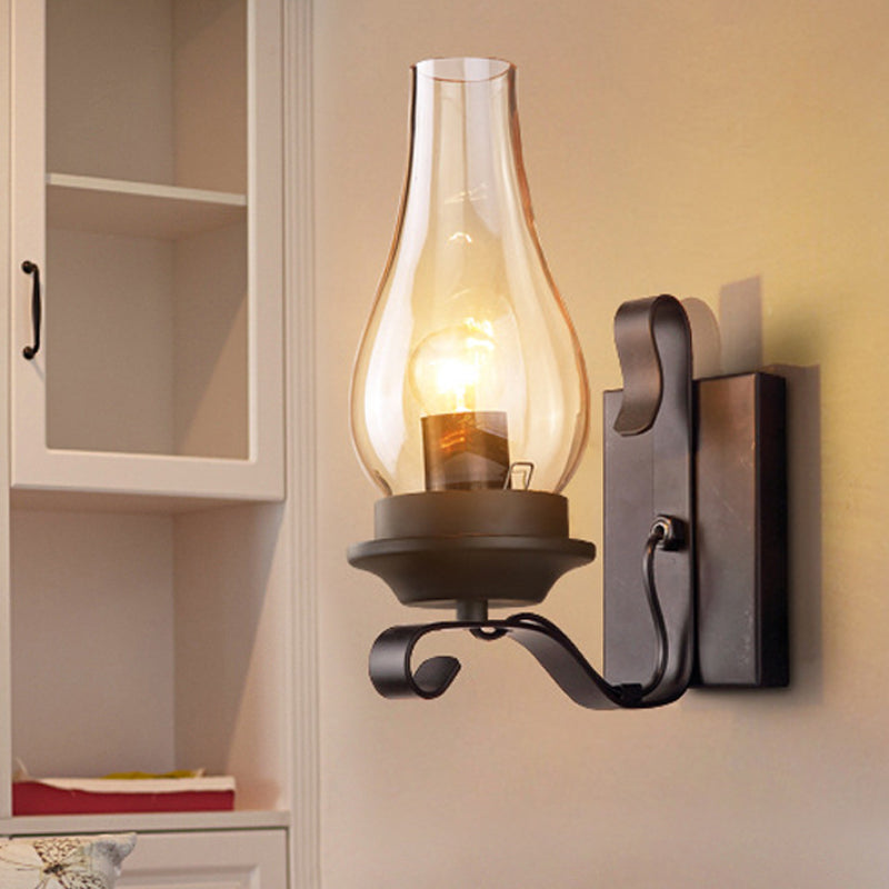 Vintage Style Matte Black Amber Glass Wall Sconce - Single Light Kerosene Living Room Lamp With