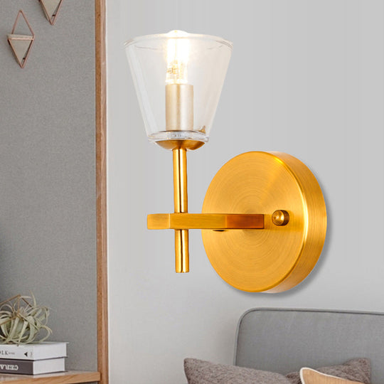 Modern Style Gold Cone Wall Sconce With Clear Glass Perfect For Bedroom