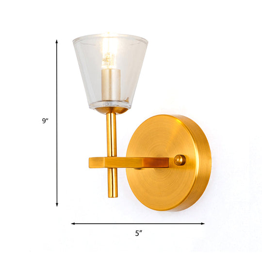 Modern Style Gold Cone Wall Sconce With Clear Glass Perfect For Bedroom