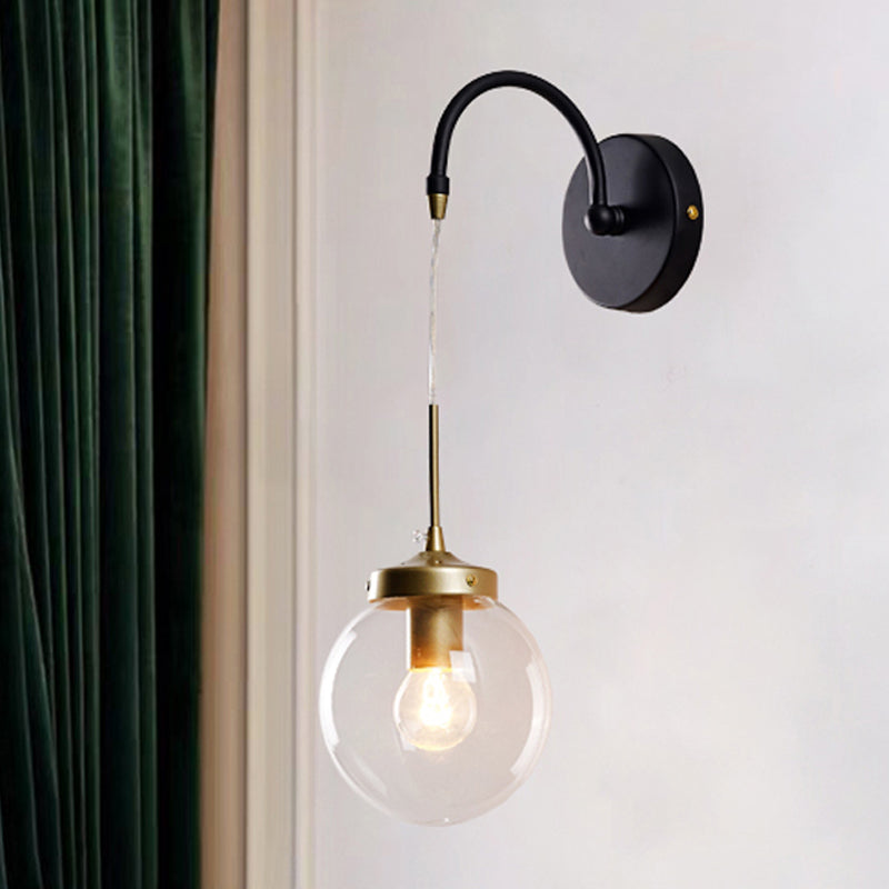 Traditional Black Wall Sconce With Clear Glass Globe Shade - 1-Light Dining Room & Arched Arm Light