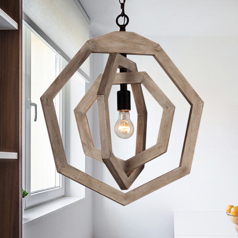 Heptagon Grey/White/Beige Wood Frame Pendant Lamp: Industrial Style Hallway Hanging Kit