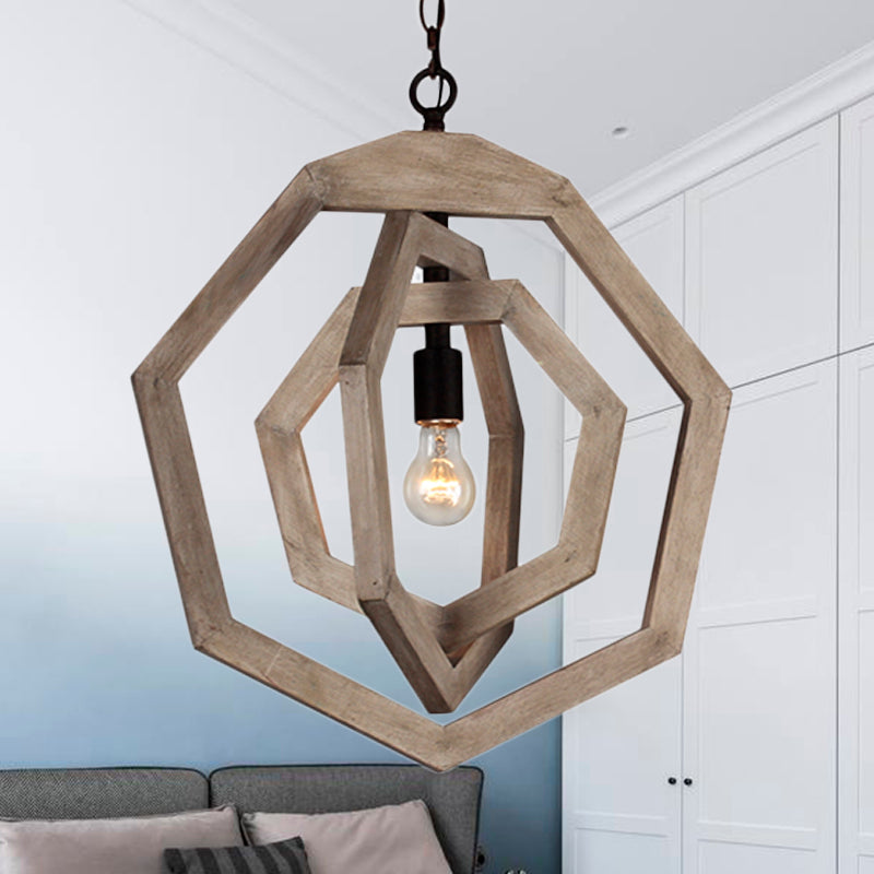 Heptagon Grey/White/Beige Wood Frame Pendant Lamp: Industrial Style Hallway Hanging Kit