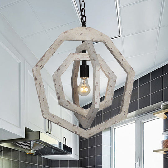 Heptagon Grey/White/Beige Wood Frame Pendant Lamp: Industrial Style Hallway Hanging Kit White