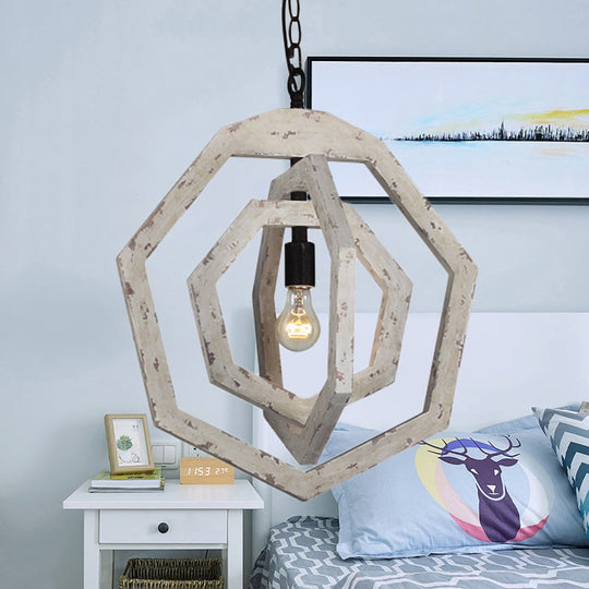 Heptagon Grey/White/Beige Wood Frame Pendant Lamp: Industrial Style Hallway Hanging Kit