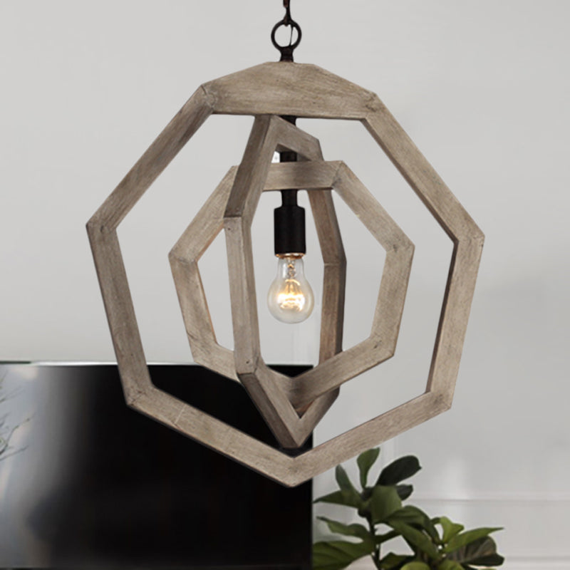 Heptagon Grey/White/Beige Wood Frame Pendant Lamp: Industrial Style Hallway Hanging Kit