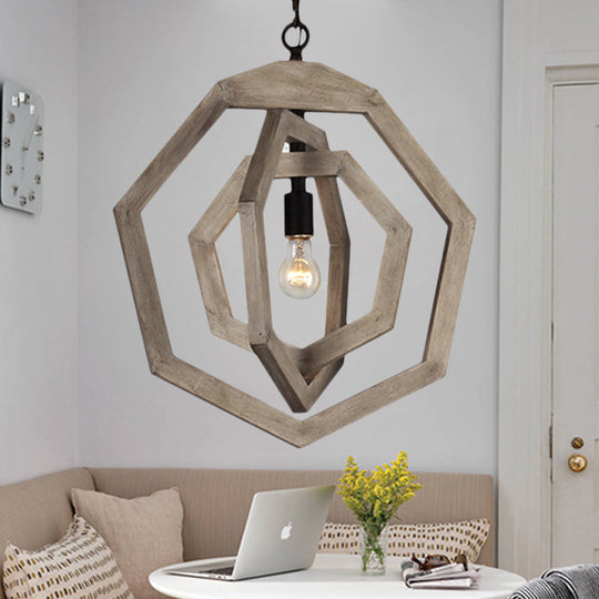 Heptagon Grey/White/Beige Wood Frame Pendant Lamp: Industrial Style Hallway Hanging Kit