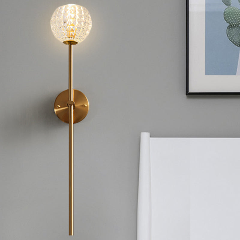 Golden Clean-Lined 1-Light Wall Lamp With Clear Grid Glass Shade For Elegant Hallways Gold / Globe