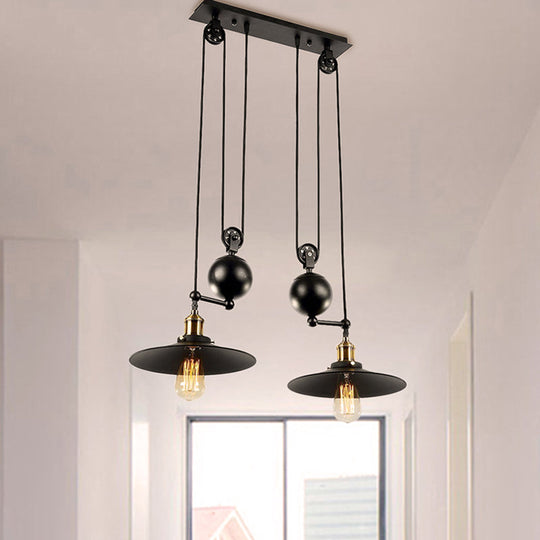 Industrial Metal Pendant Lighting With Flared Shade - 2 Lights Pulley And Black Finish