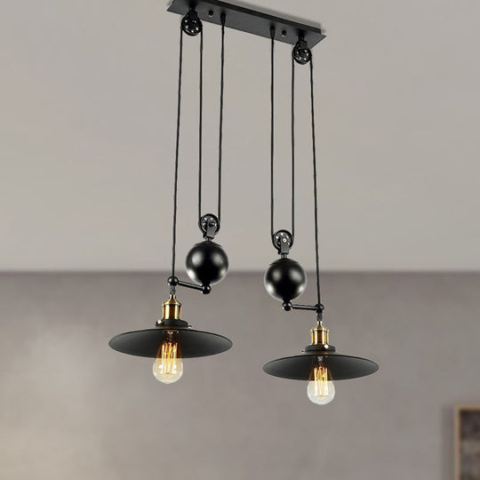 Industrial Flared Shade Pendant Lighting with Pulley - 2 Lights, Black