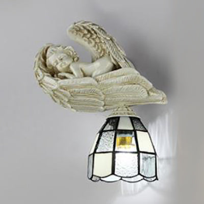 Angel Wall Sconce Light With Stained Glass Dome Shade - White/Blue White