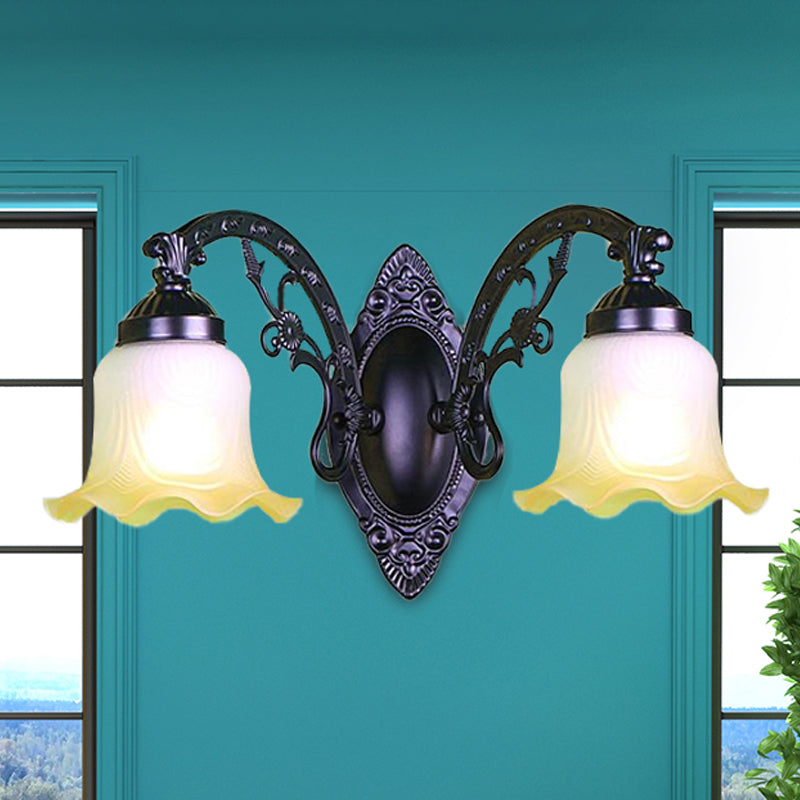 Retro Floral Wall Sconce With Frosted Glass & Metallic Curvy Arm - Black 2 /