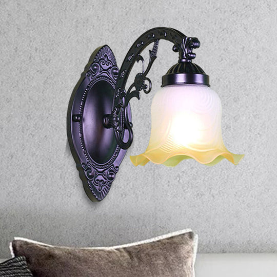 Retro Floral Wall Sconce With Frosted Glass & Metallic Curvy Arm - Black