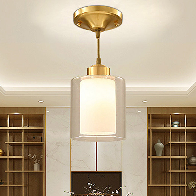 Brass Pendant Light With Double-Layered Glass Cylinder For Dining Room