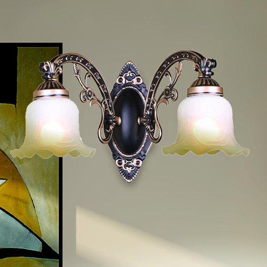 Retro Black/White Scalloped Sconce: Frosted Glass Shade Curved Arm Wall Lamp For Dining Room