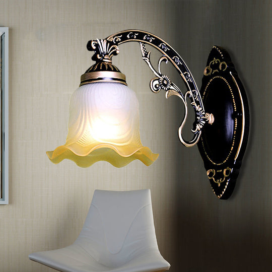 Retro Black/White Scalloped Sconce: Frosted Glass Shade Curved Arm Wall Lamp For Dining Room