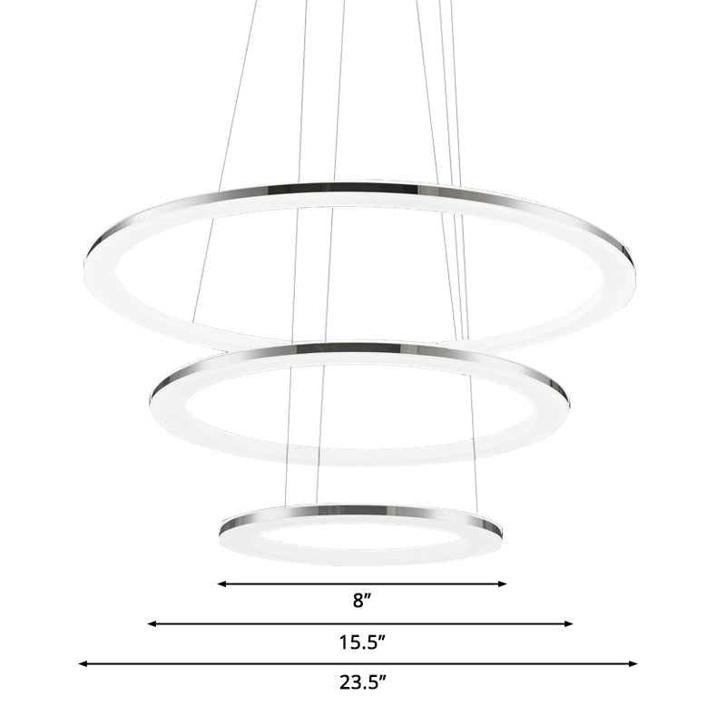 Contemporary Led Acrylic Round Ceiling Pendant Chandelier - 1/2/3-Head Silver Warm/White Light