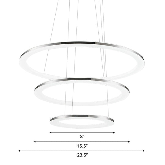 Contemporary Led Acrylic Round Ceiling Pendant Chandelier - 1/2/3-Head Silver Warm/White Light