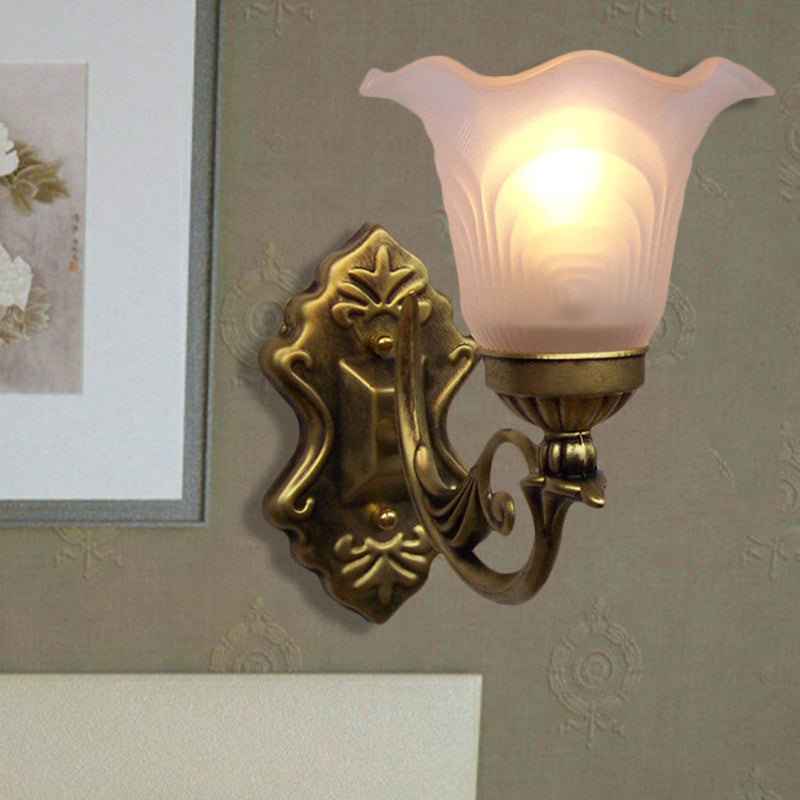 Bronze Floral Wall Sconce With White Glass Shade And Curvy Arm