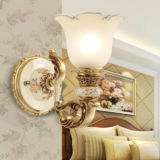 Traditional Gold Flower Shade Wall Sconce Light With Frosted Glass - Perfect For Dining Room