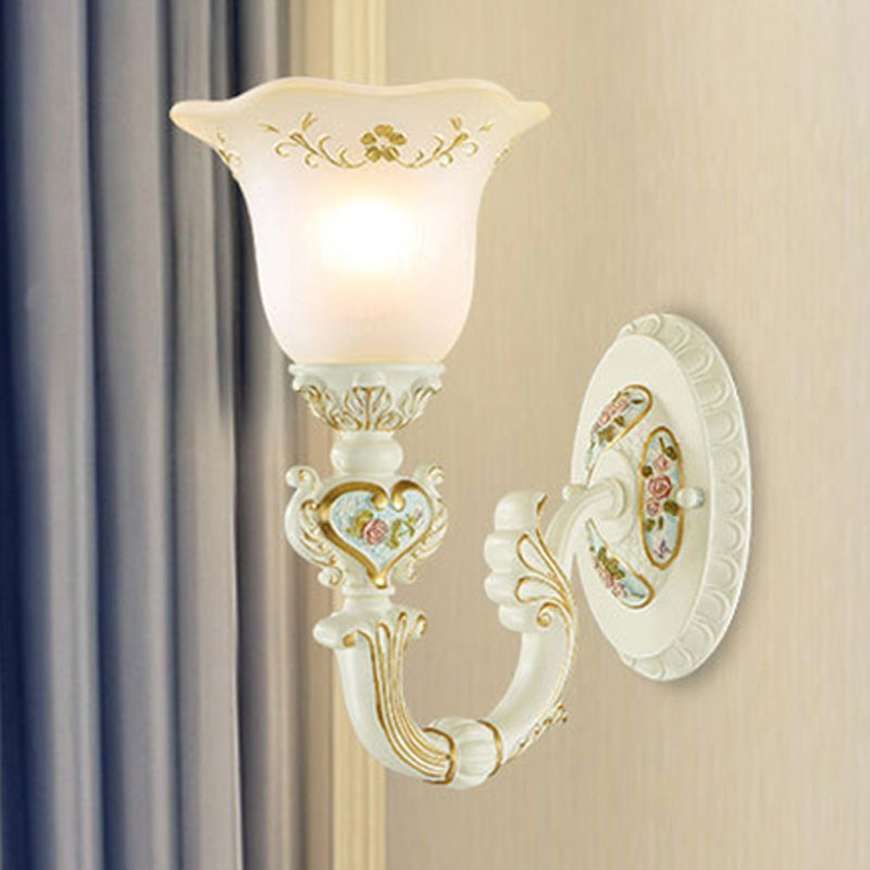 Retro Flower Frosted Glass Sconce Light With Carved Arm - 1-Light Wall Mount Lamp In White For Porch