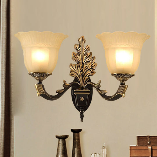 Traditional Blossom Frosted Glass Wall Sconce With Curvy Arm In Black For Hallway Lighting 2 /