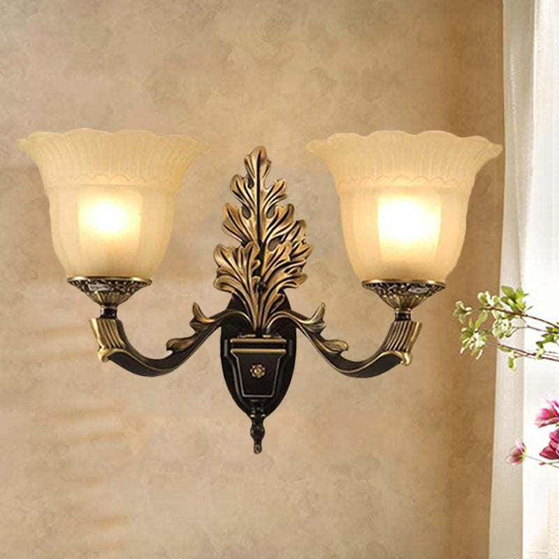 Traditional Blossom Frosted Glass Wall Sconce With Curvy Arm In Black For Hallway Lighting