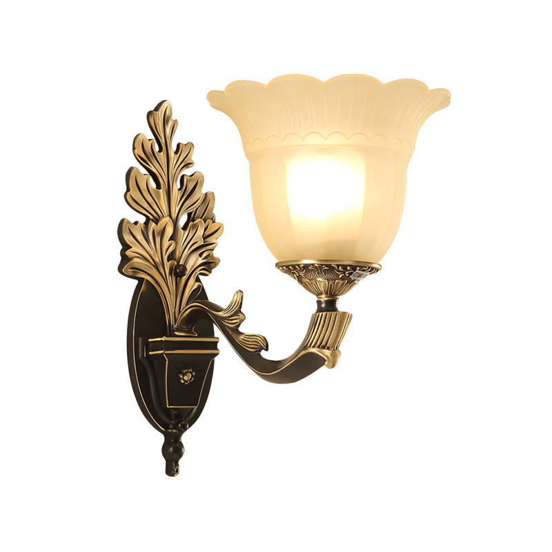 Traditional Blossom Frosted Glass Wall Sconce With Curvy Arm In Black For Hallway Lighting