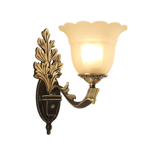 Traditional Blossom Frosted Glass Wall Sconce With Curvy Arm In Black For Hallway Lighting