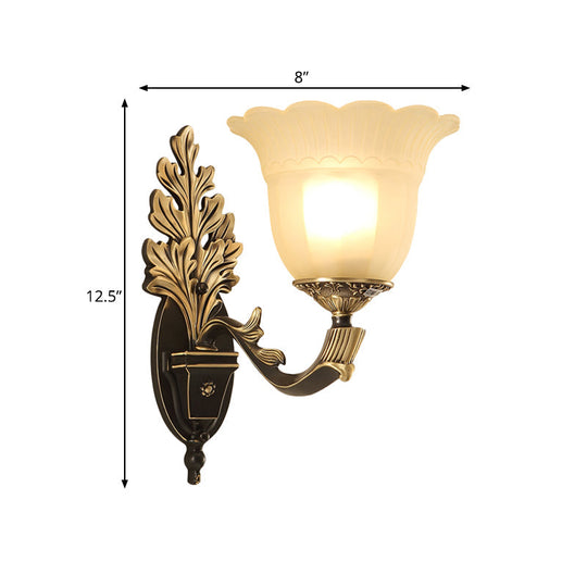 Traditional Blossom Frosted Glass Wall Sconce With Curvy Arm In Black For Hallway Lighting