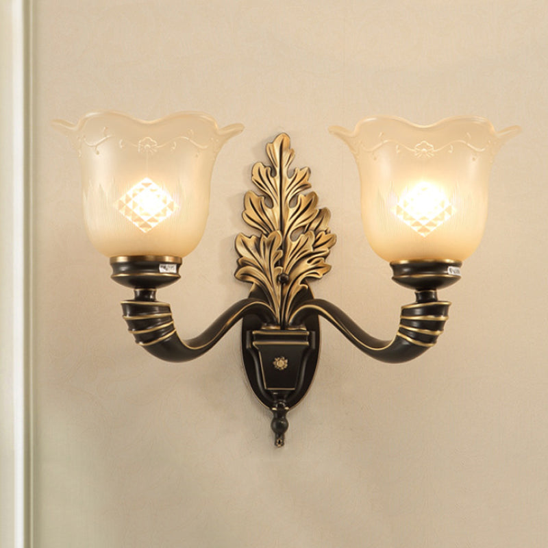 Vintage Blossom Carved Glass Wall Sconce In Black For Living Room - Half-Light Fixture With Curved