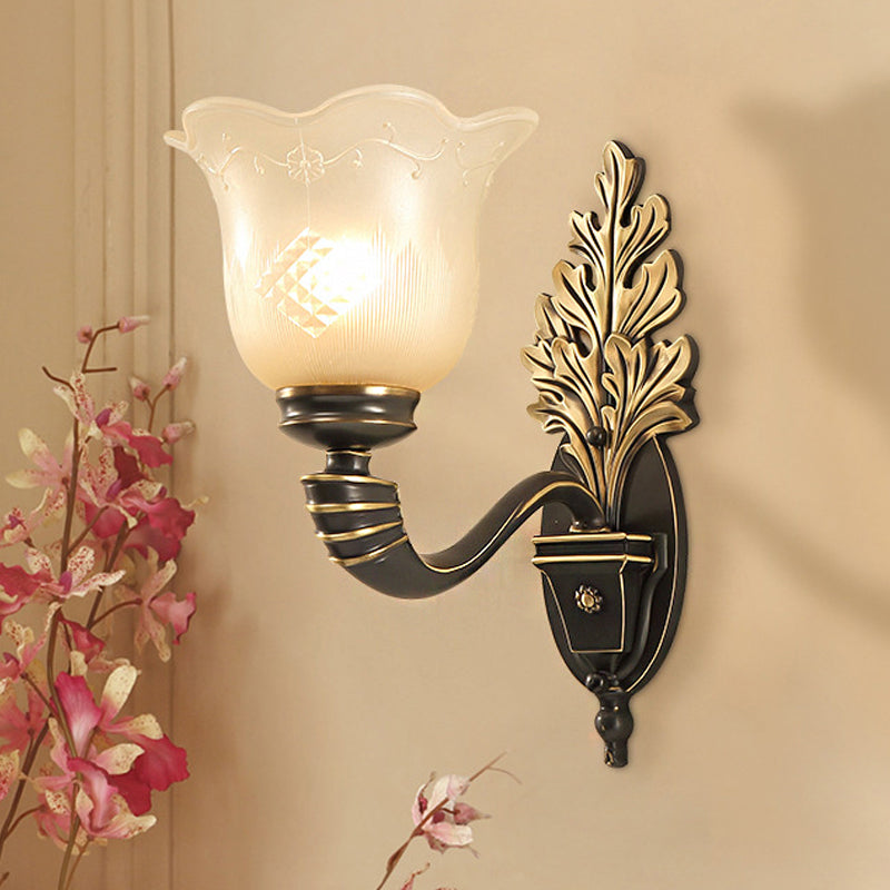 Vintage Blossom Carved Glass Wall Sconce In Black For Living Room - Half-Light Fixture With Curved