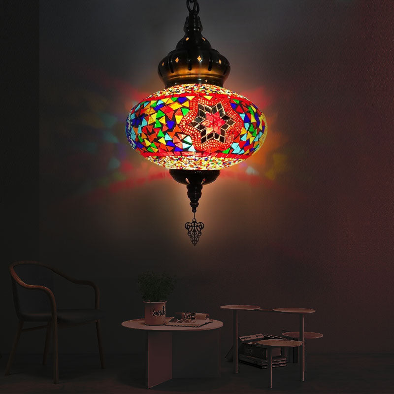 Colorful Glass Pendant Ceiling Light Fixture - Traditional Global Style With 1/4 Heads In Chrome For