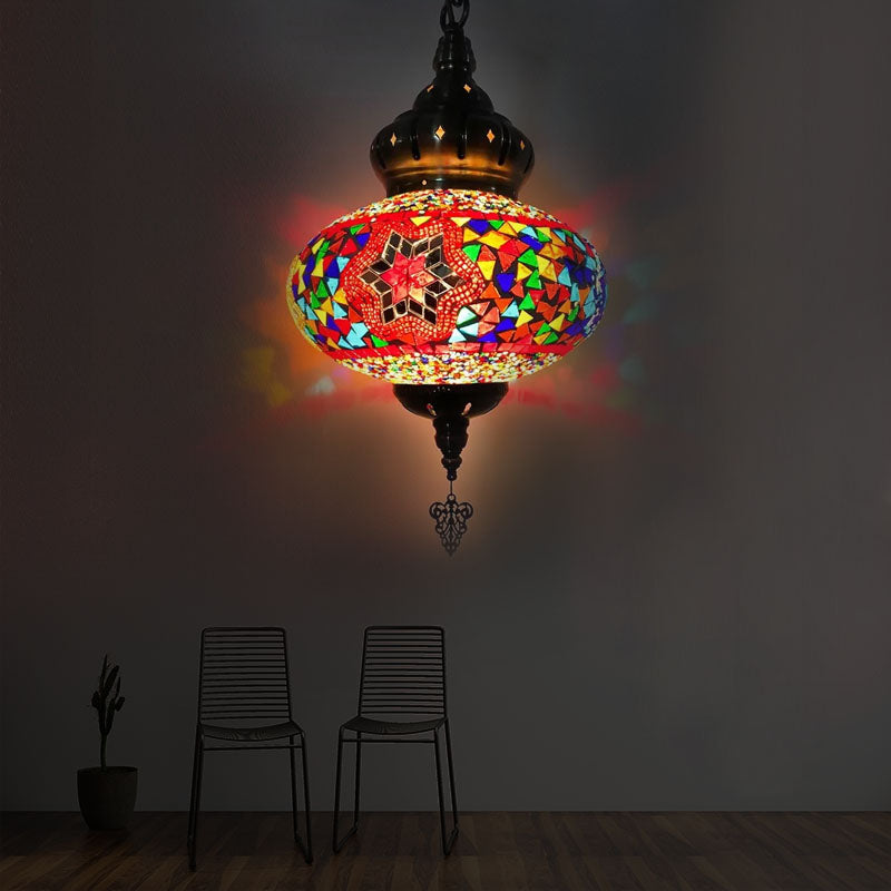 Colorful Glass Pendant Ceiling Light Fixture - Traditional Global Style With 1/4 Heads In Chrome For