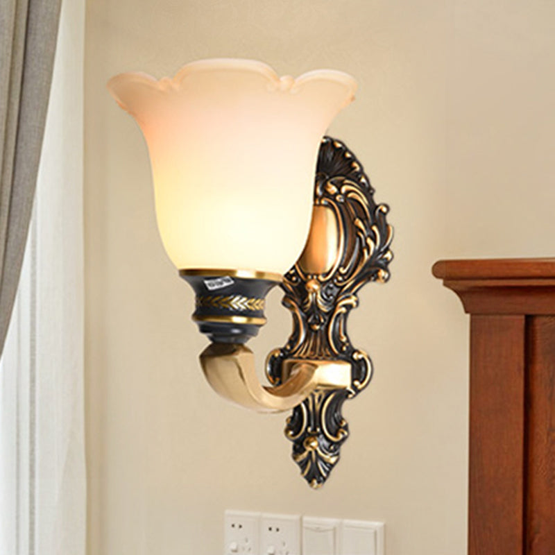 Traditional White Glass Floral Wall Sconce Light - Brass 1/2-Light Bedroom Lamp With Curvy Metal Arm