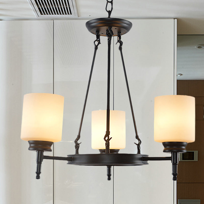 Traditional Black Wheel Chandelier With Frosted Glass Shades - 3/6 Lights Elegant Hanging Ceiling