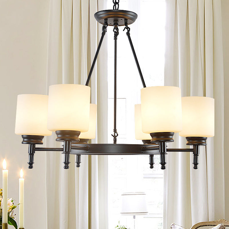 Traditional Black Wheel Chandelier With Frosted Glass Shades - 3/6 Lights Elegant Hanging Ceiling