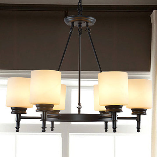 Traditional Black Wheel Chandelier With Frosted Glass Shades - 3/6 Lights Elegant Hanging Ceiling