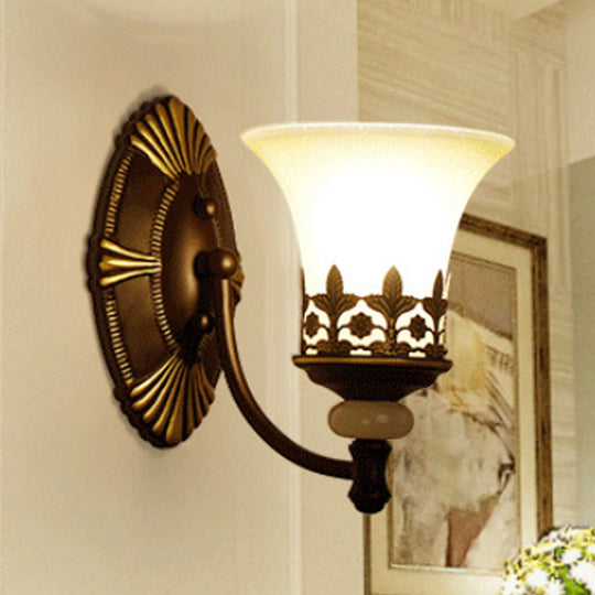 Retro Black Bell Wall Light With White Glass Shade For Living Room - 1/2 Fixture