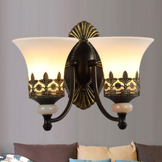 Traditional Black Bell Wall Sconce With White Glass Shade - Bedroom Mounted Light 2 /